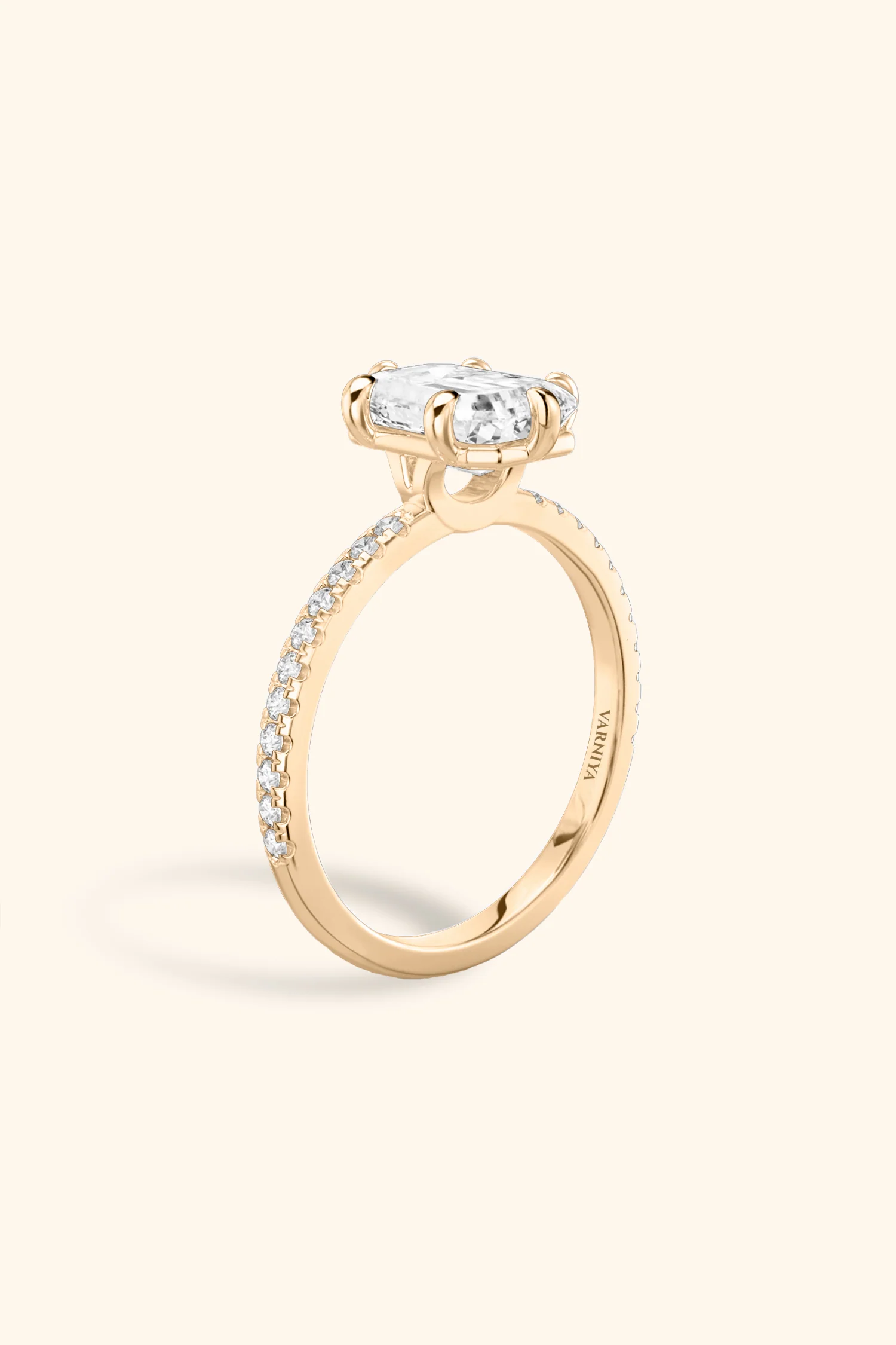 6 Prong Classic Grace with Emerald Solitaire Pavé Ring - Image 12